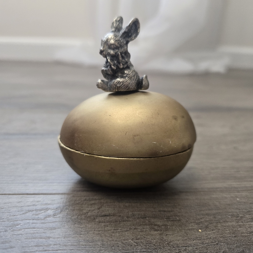 Vintage Brass & Pewter Egg & Bunny Trinket Bowl Primitive Farmhouse Rustic
